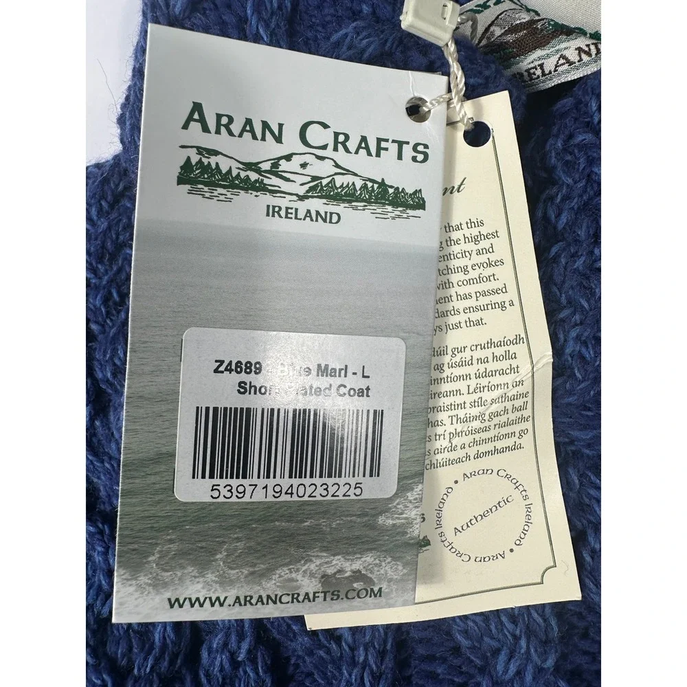 Aran Crafts Merino Wool Plated Zip Cardigan Blue Marl Womens L Made in Ireland - Picture 4 of 9